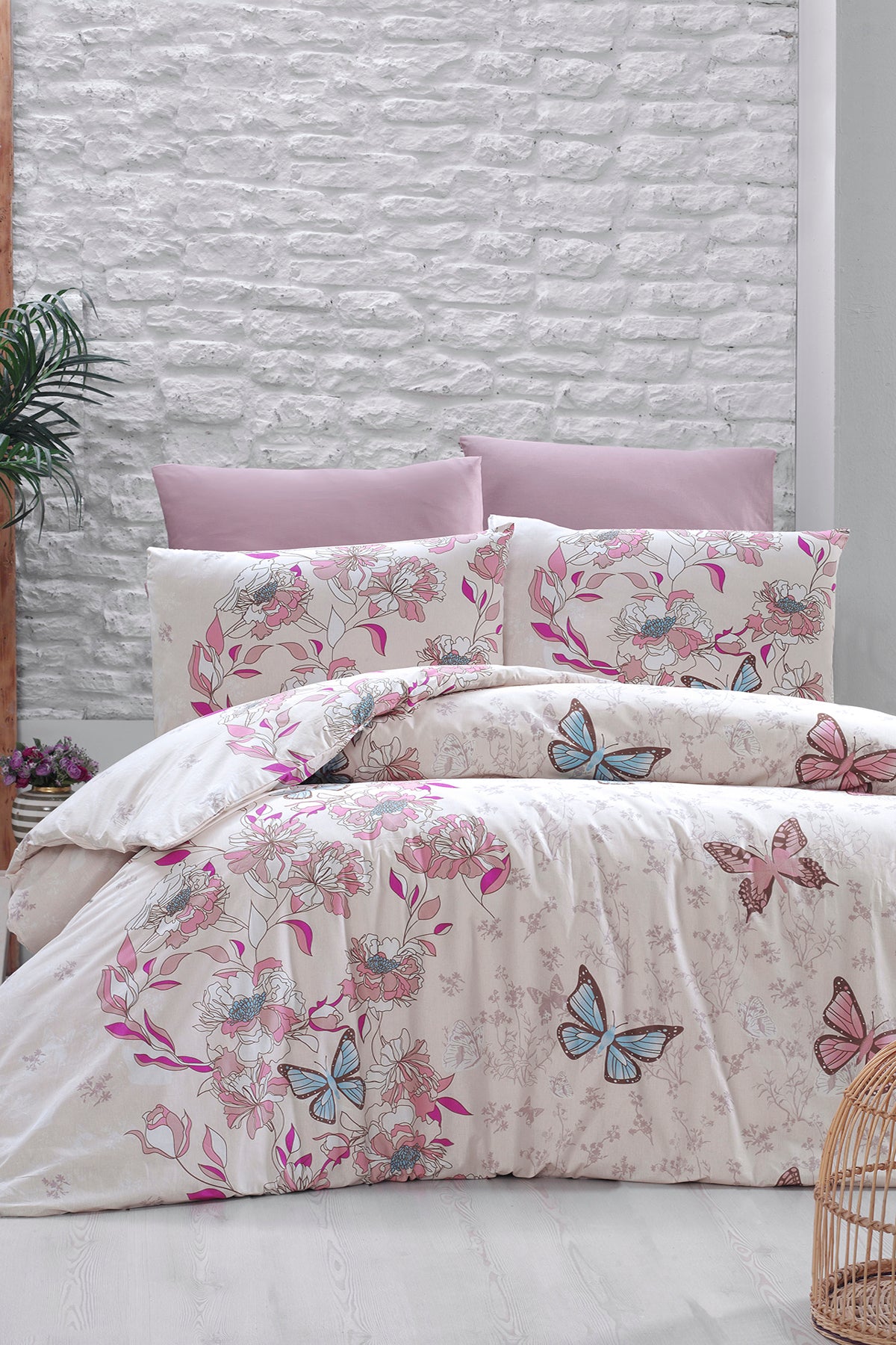 Kelebek %100 Pamuk 150 TC (60 Tel) Ranforce Nevresim Takımı Pudra