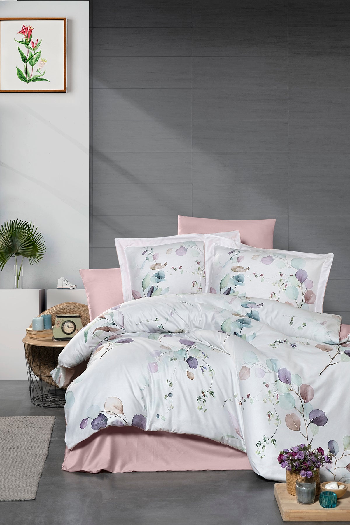 Leaf %100 Pamuk Saten 200 TC (80 Tel) Dijital Baskılı Nevresim Takımı Pudra