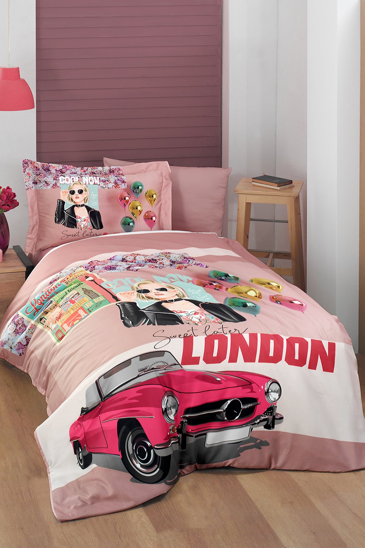 London %100 Pamuk Saten 200 TC (80 Tel) Dijital Baskılı Nevresim Takımı Pudra