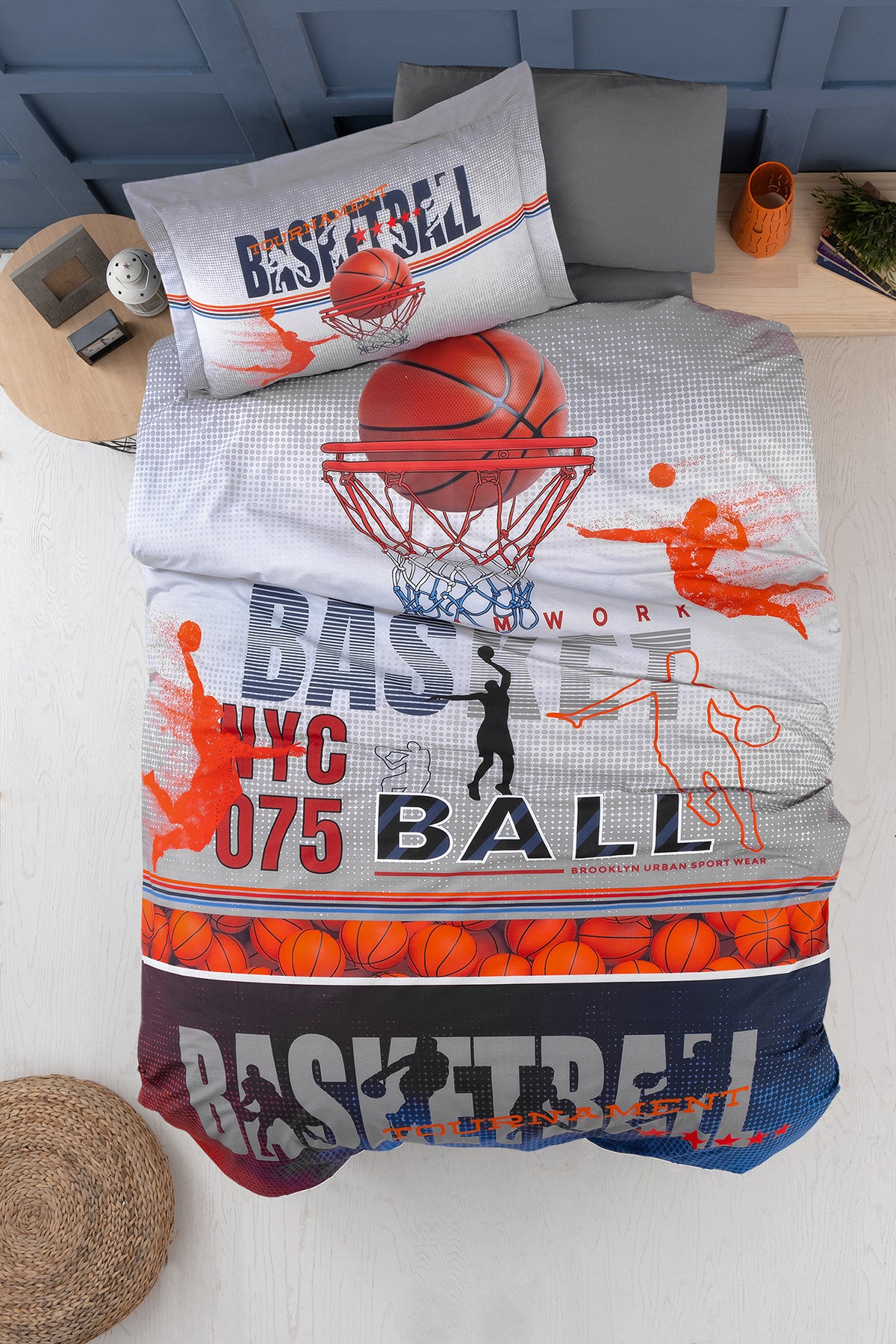 Basketball %100 Pamuk 150 TC (60 Tel) Ranforce Nevresim Takımı Füme