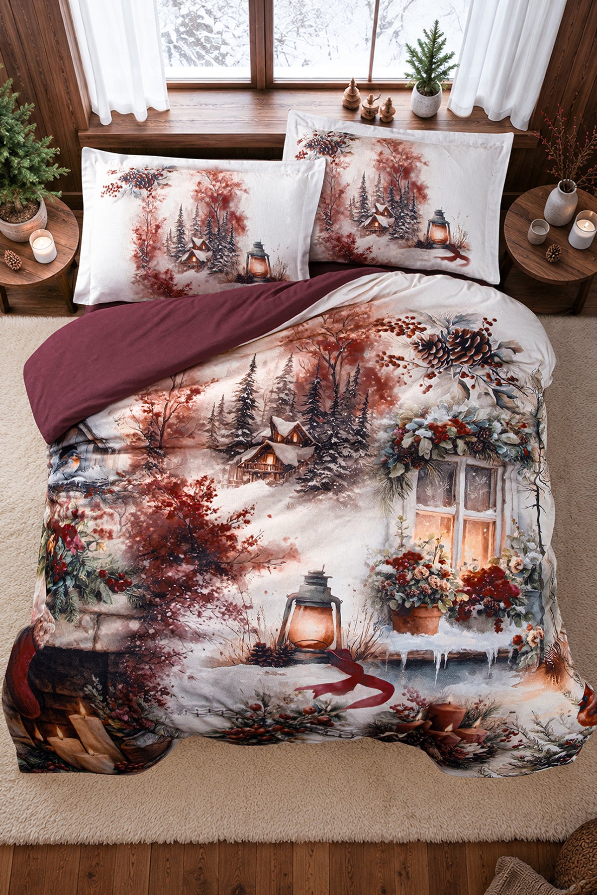 Dalila %100 Pamuk Superior Flanel Nevresim Takımı Bordo-1