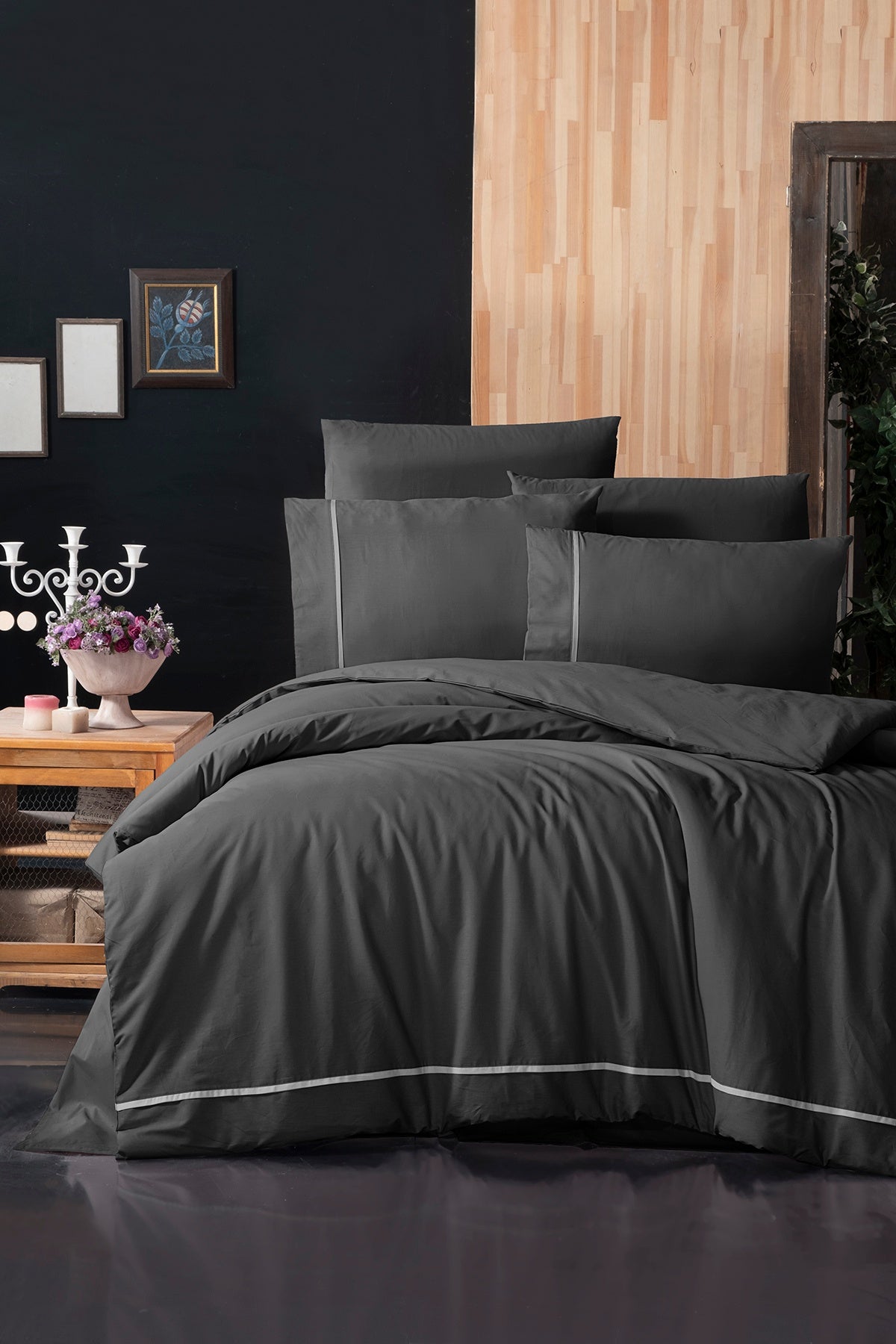 Alisa %100 Pamuk 150 TC (60 Tel) Deluxe Ranforce Nevresim Takımı Füme