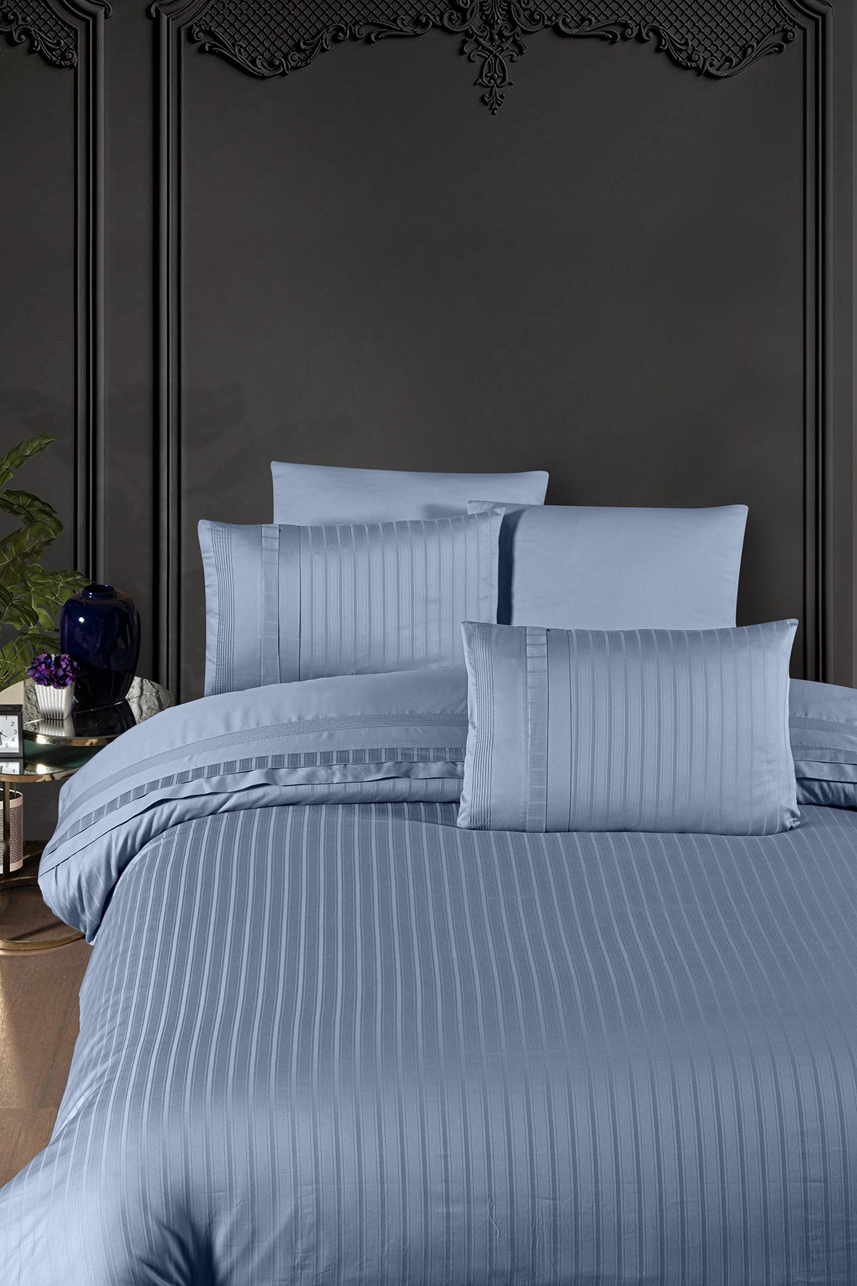 New Trend %100 Pamuk 200 TC (80 Tel) Deluxe Saten Nevresim Takımı Mavi