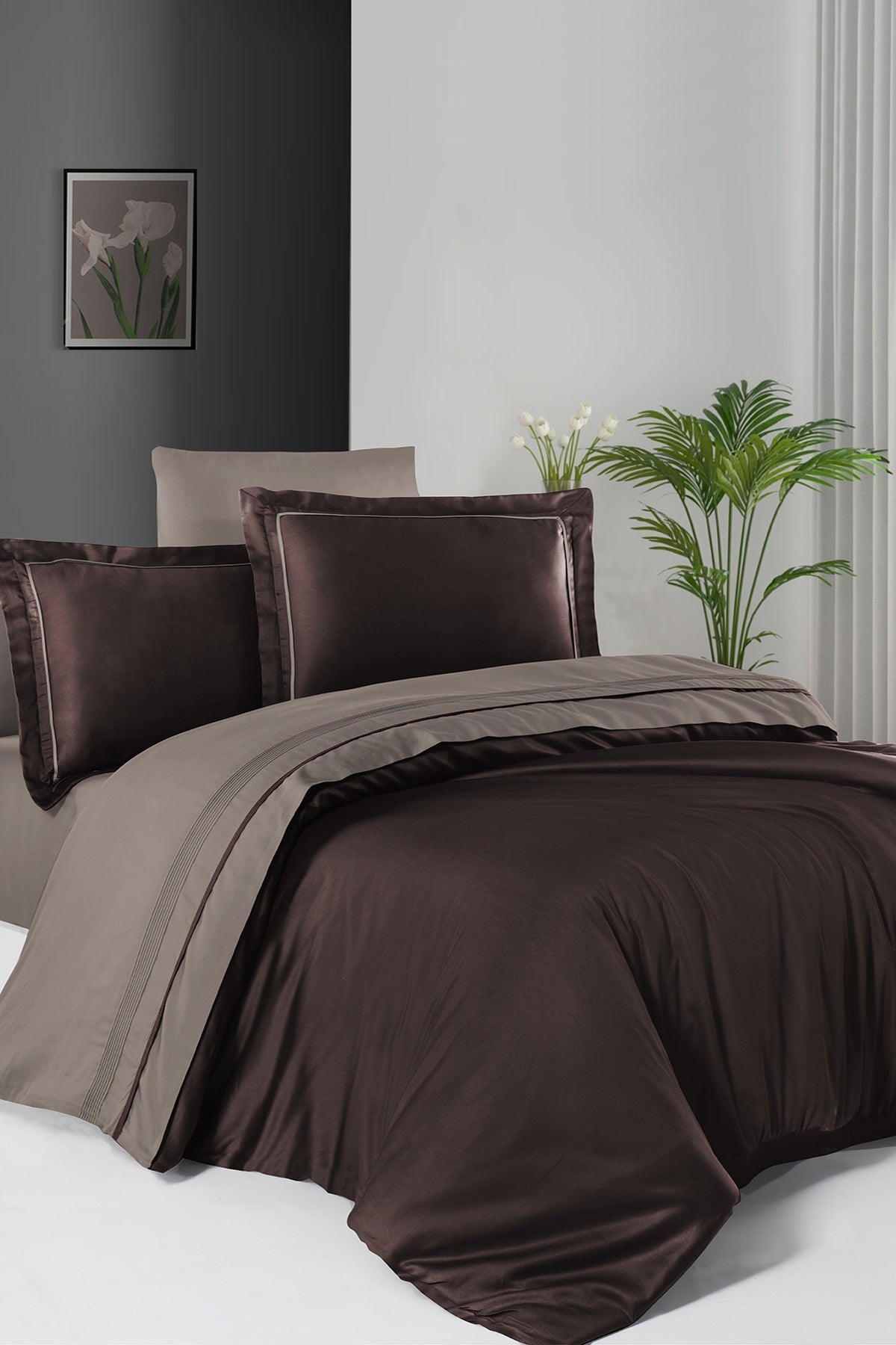 Serenity %100 Pamuk 200 TC (80 Tel) Deluxe Saten Nevresim Takımı Kahverengi