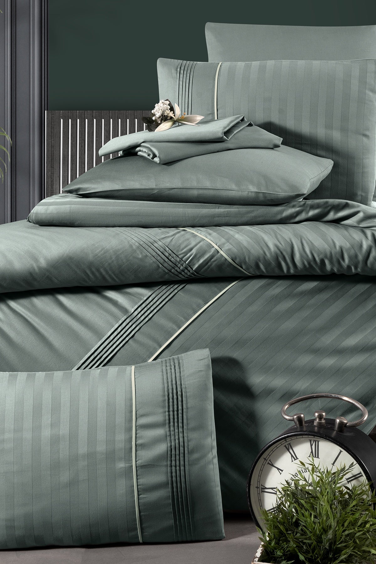 Modalife %100 Pamuk 200 TC (80 Tel) Deluxe Saten Nevresim Takımı Yeşil-2