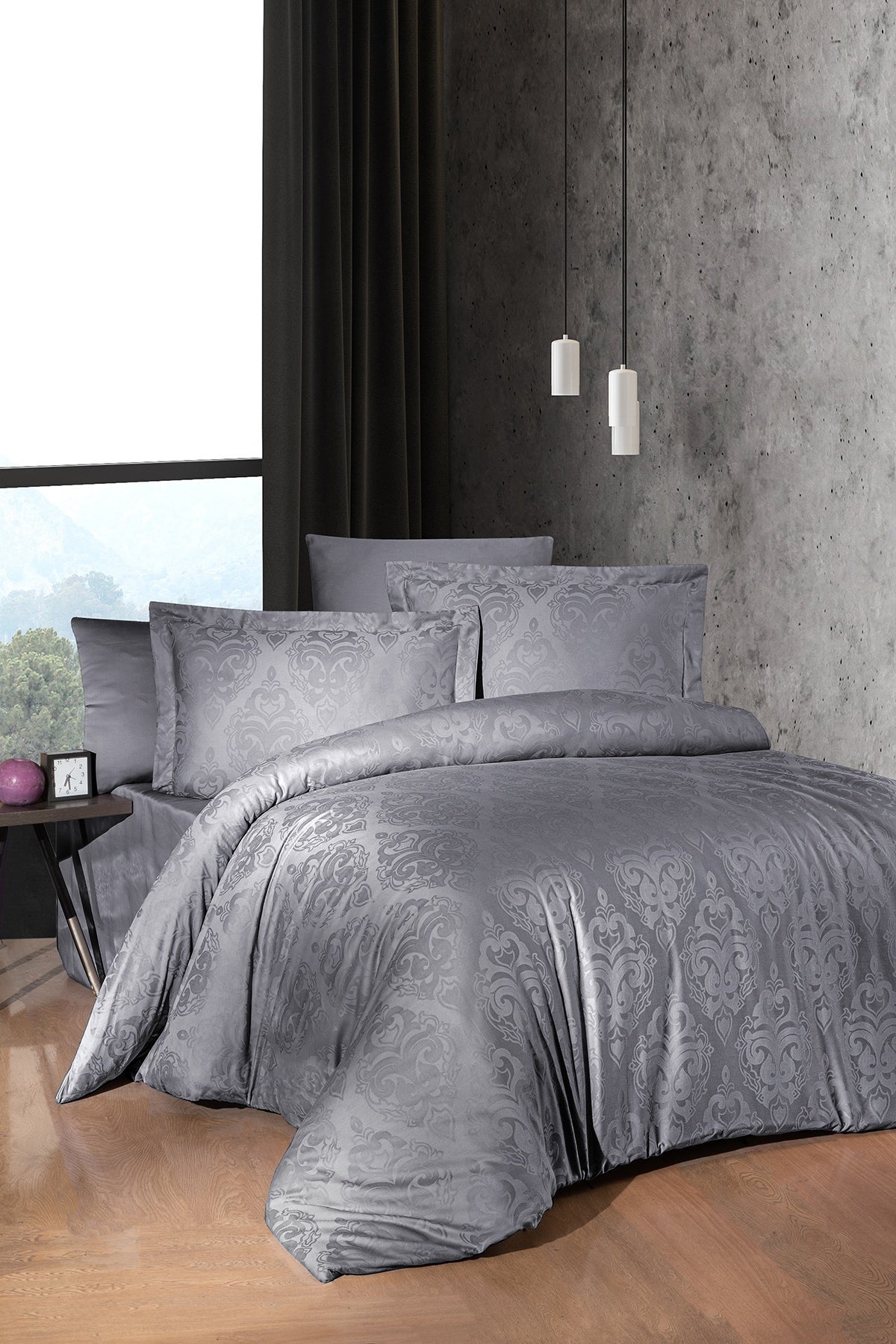 Sofya %100 Pamuk Saten 200 TC (80 Tel) Jakarlı Nevresim Takımı Gri