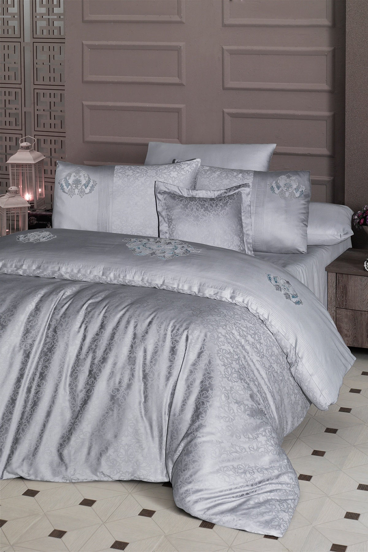 Mirabel %100 Pamuk 200 TC (80 Tel) Dantelli Nevresim Takımı Gri