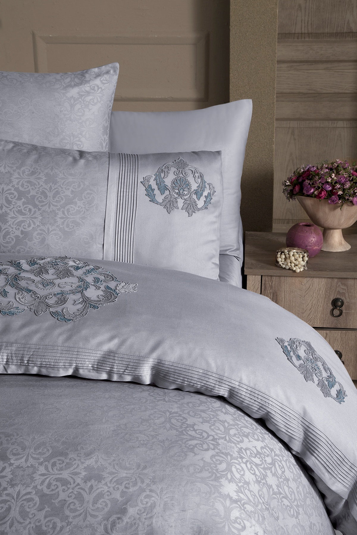 Mirabel %100 Pamuk 200 TC (80 Tel) Dantelli Nevresim Takımı Gri-2