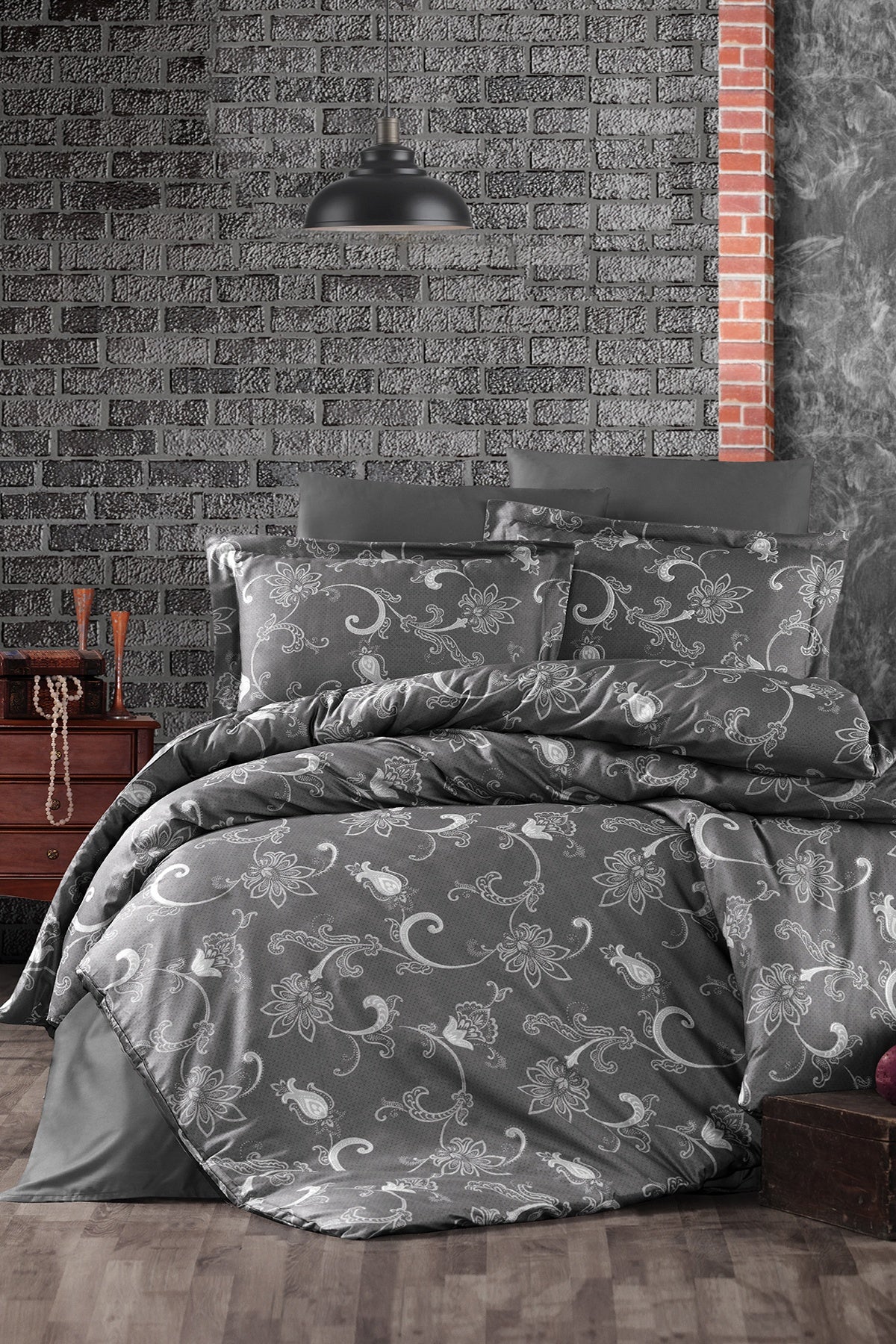 Carmina %100 Pamuk 200 TC (80 Tel) Baskılı Saten Nevresim Takımı Füme