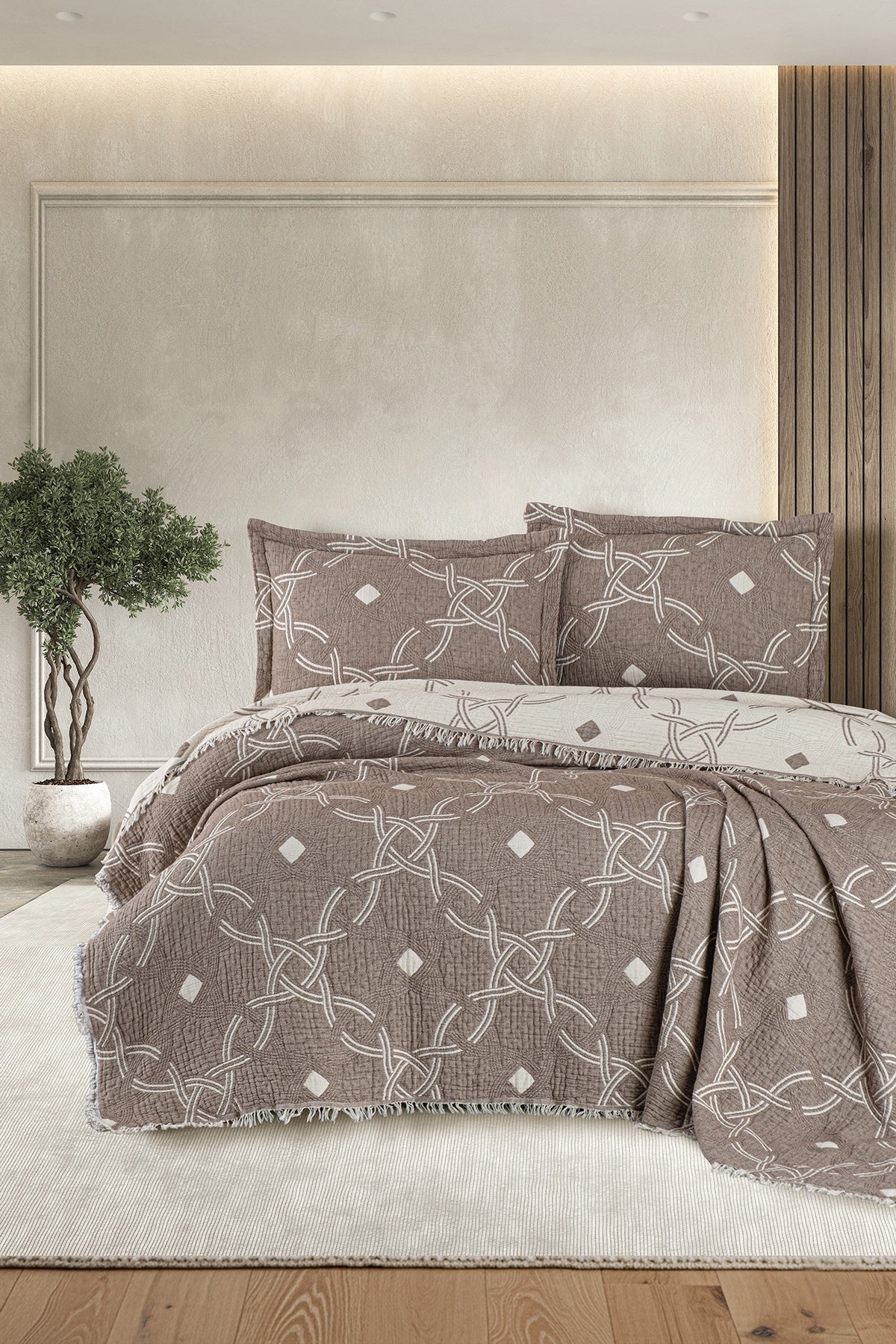 Montela %100 Pamuk 6 Katlı Yatak Örtüsü + Yastık Seti Kahve