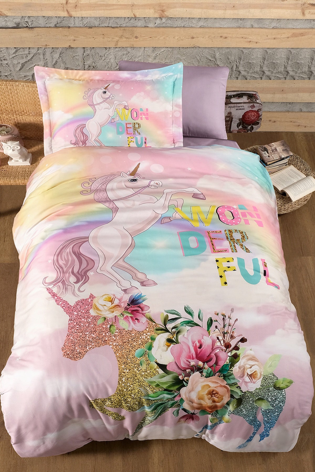 Rainbow %100 Pamuk Saten 200 TC (80 Tel) Dijital Baskılı Nevresim Takımı Pudra