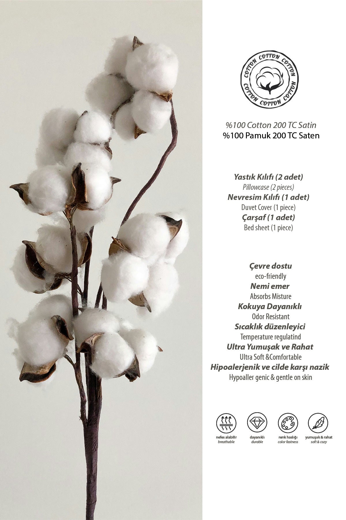Neva %100 Pamuk Saten 200 TC (80 Tel) Nevresim Takımı Lavanta-2