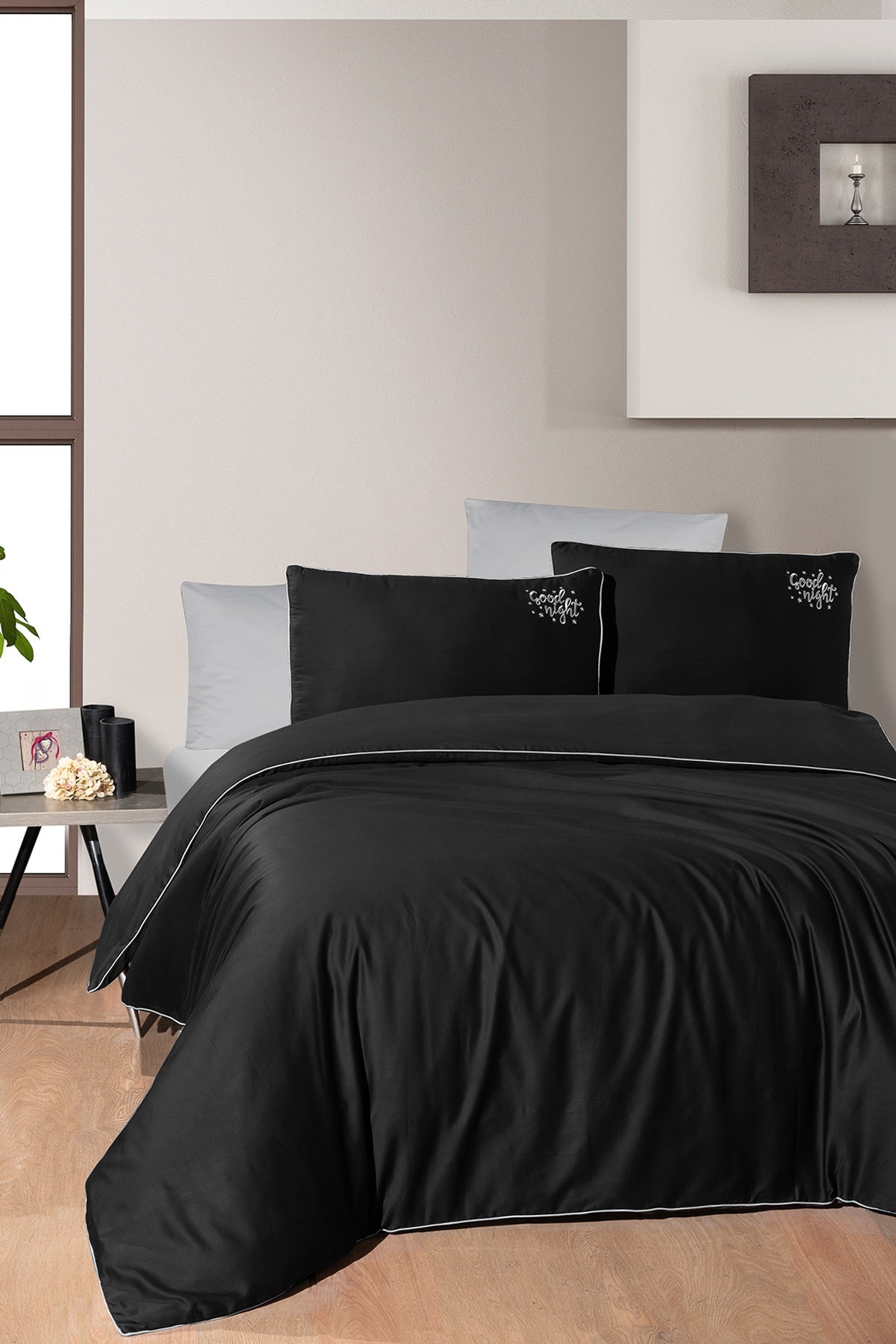 Timeless %100 Pamuk 200 TC (80 Tel) Deluxe Saten Nevresim Takımı Siyah