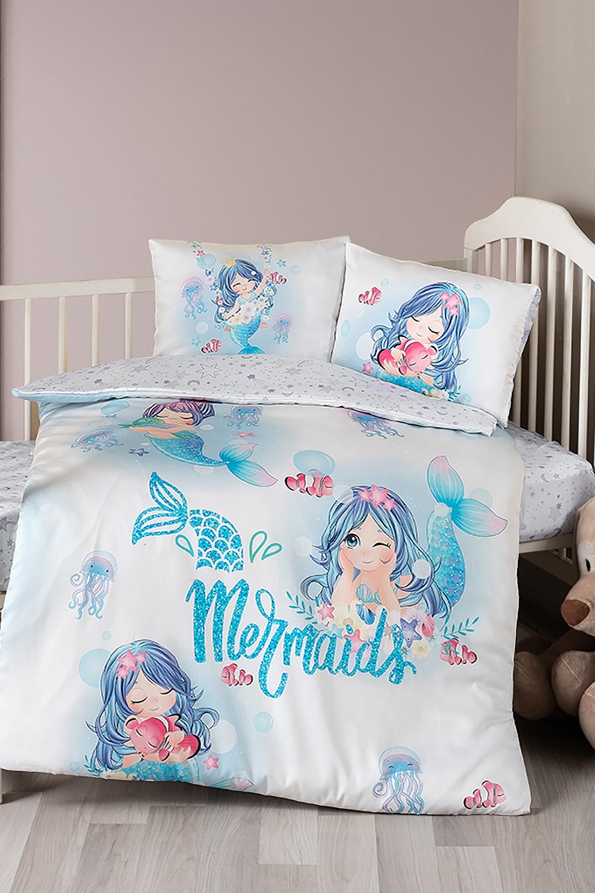 Mermaid %100 Pamuk Dijital Baskılı Bebek Nevresim Takımı Mavi