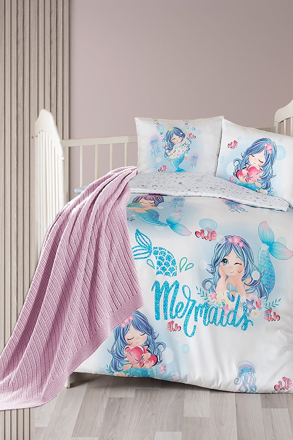 Mermaid %100 Pamuk Dijital Baskılı Bebek Nevresim Takımı - Battaniyeli Mavi