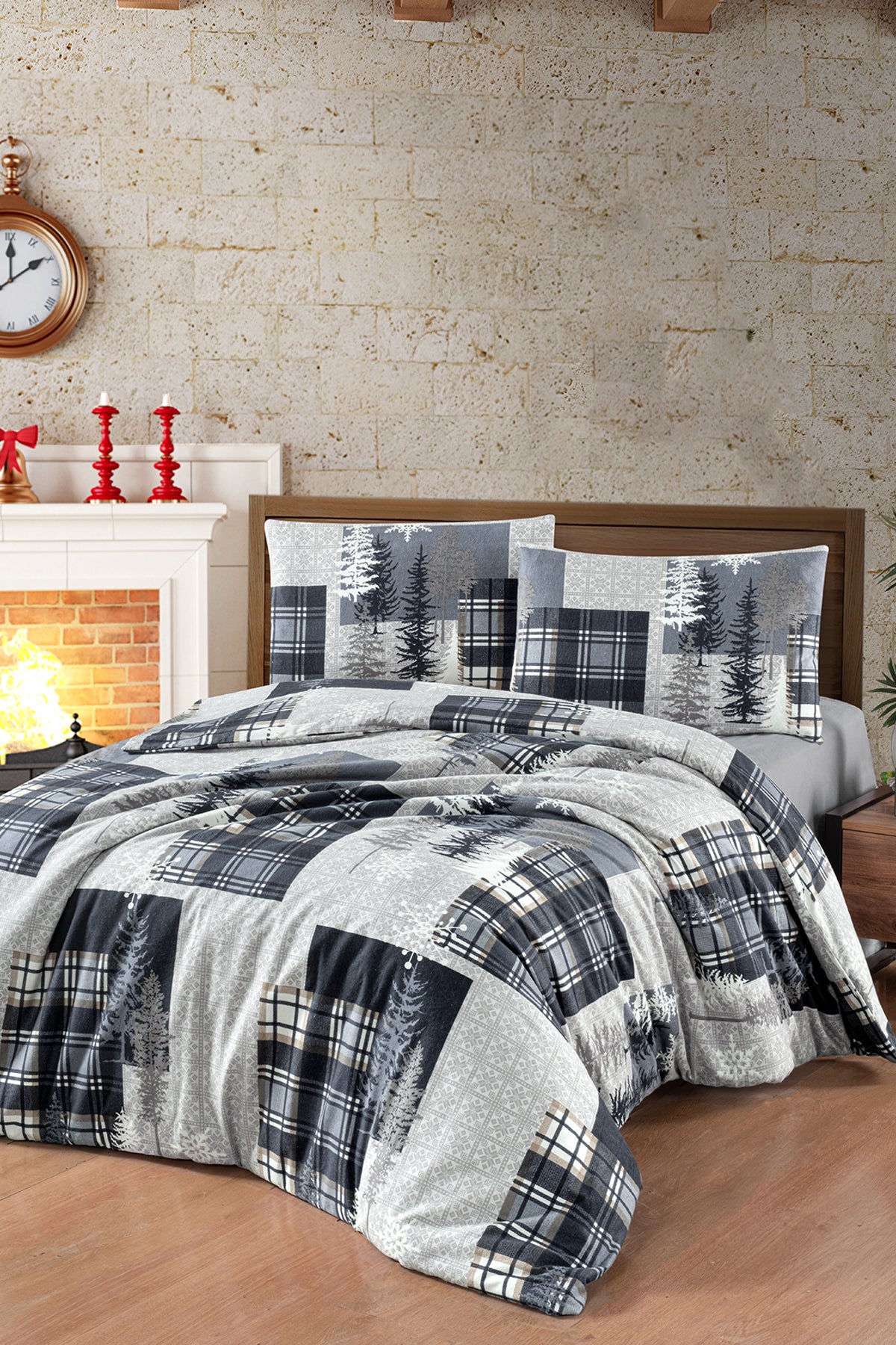Winter %100 Pamuk Flanel Nevresim Takımı Gri-1