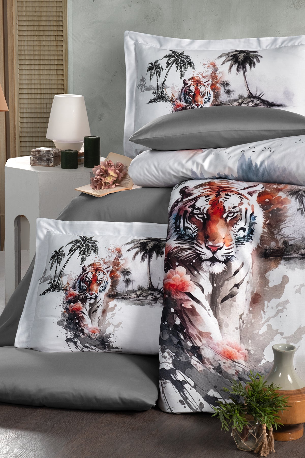Tiger %100 Pamuk Saten 200 TC (80 Tel) Dijital Baskılı Nevresim Takımı Gri-2